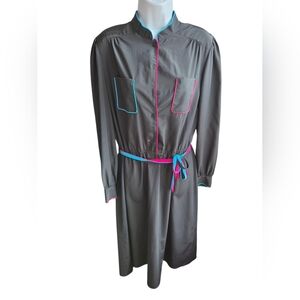 Vintage Sasson Dress - Black - Pockets - Blue Pink Accents - Belted - Size 14/15